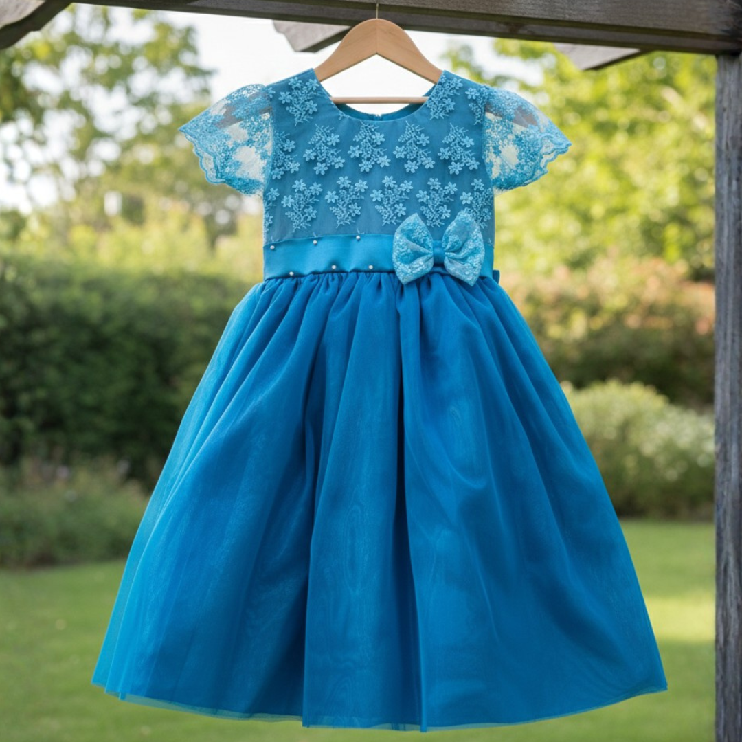 Turquoise Blue Celebration Dress with Lace Overlay