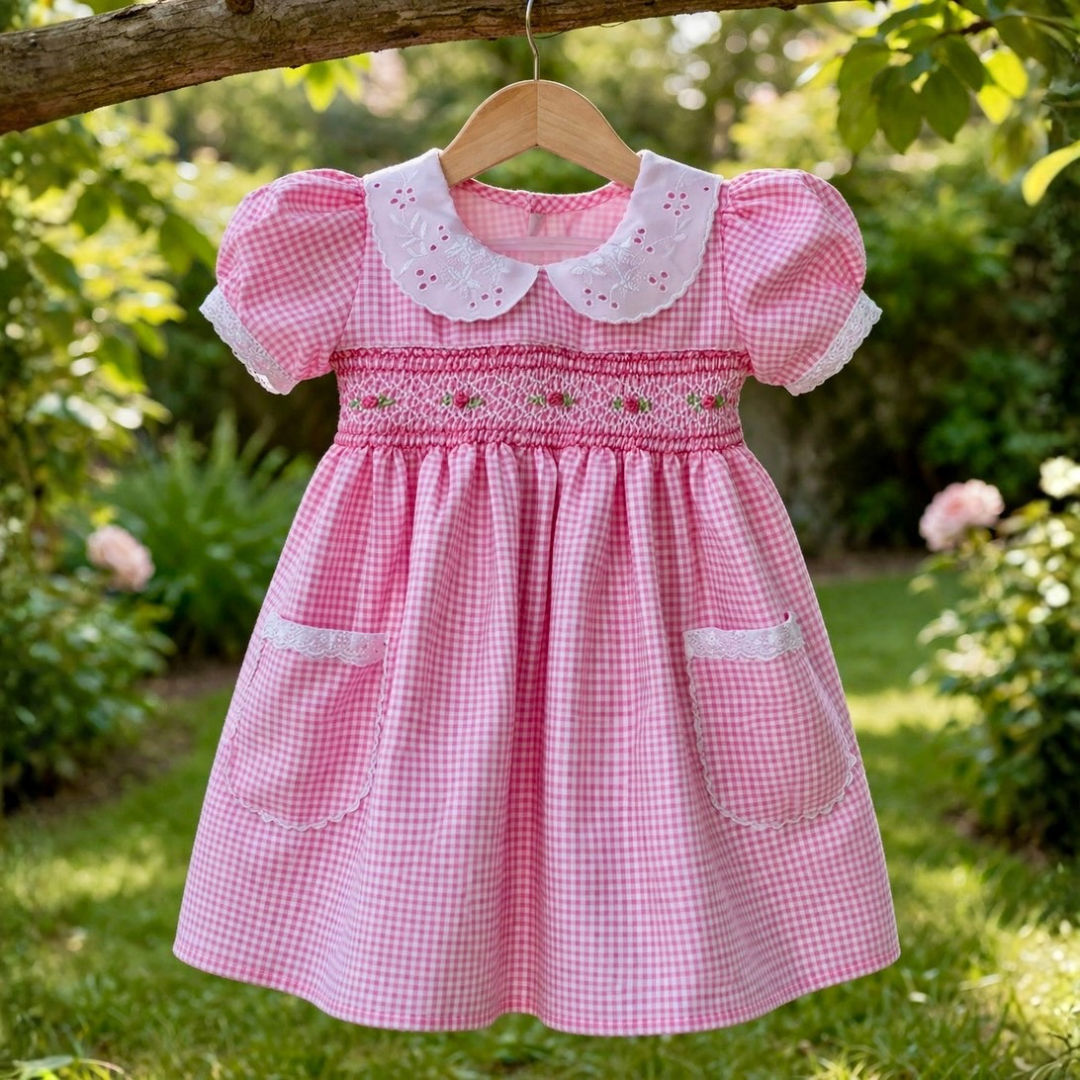 Pink Gingham Smocked Dress with Lace Collar | Happy Threadz 2-3 years Pink Gingham Smocked Dress with Lace Collar | Happy Threadz 2-3 years