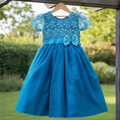 Blue dress with floral lace top and bow tie