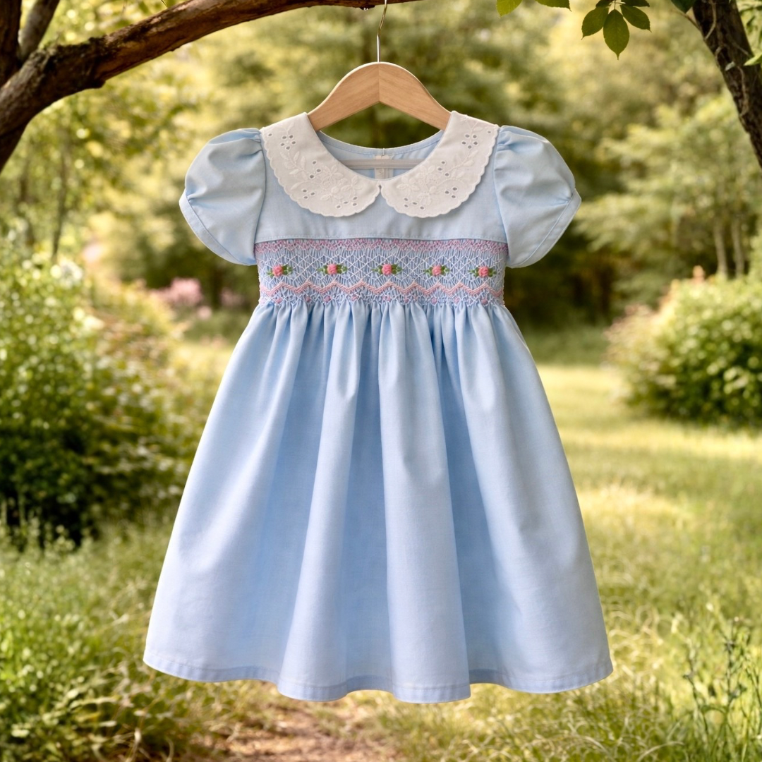 Blue Smocked Dress with Lace Collar