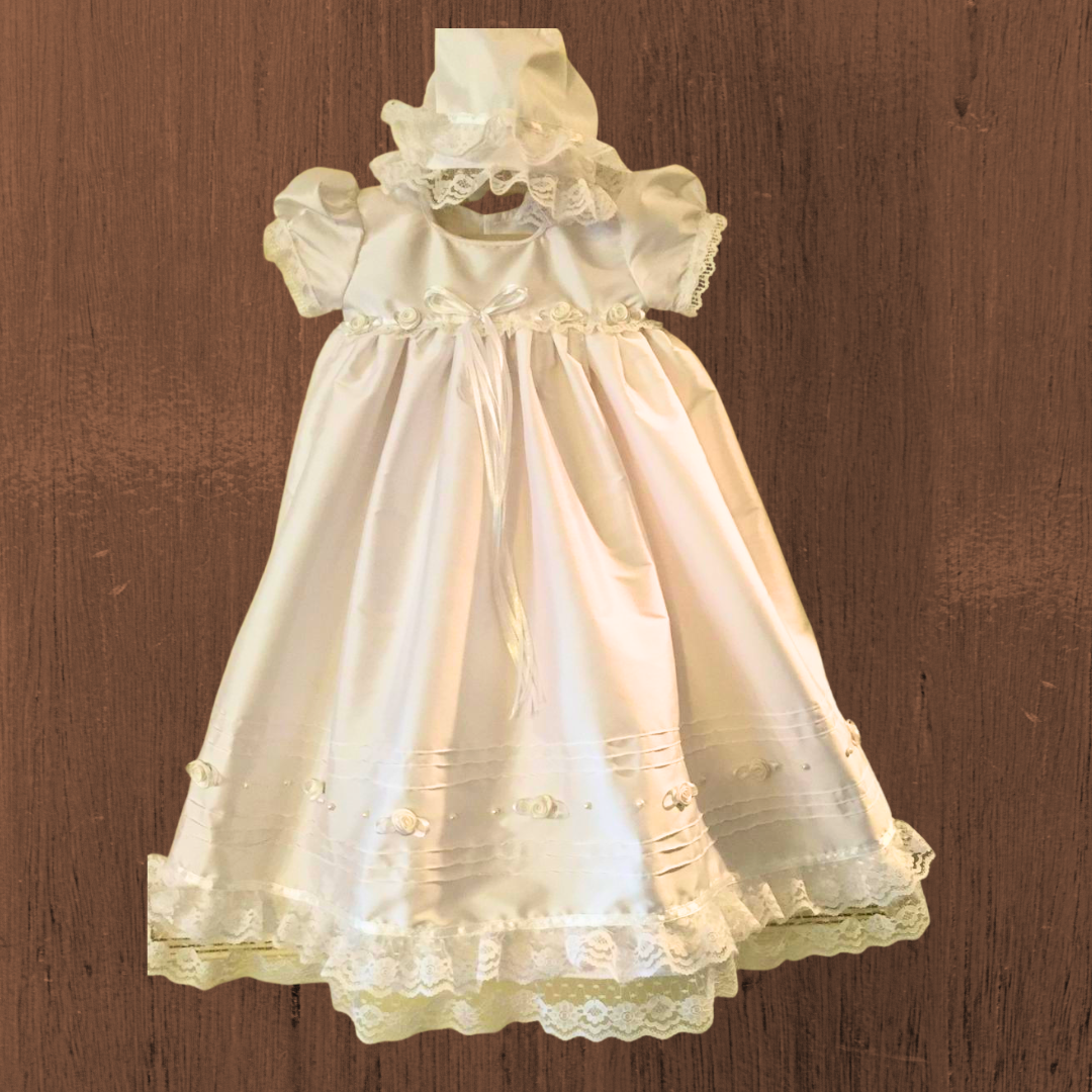 Ivory Silk Christening/Baptism Gown with Rosettes and Bonnet