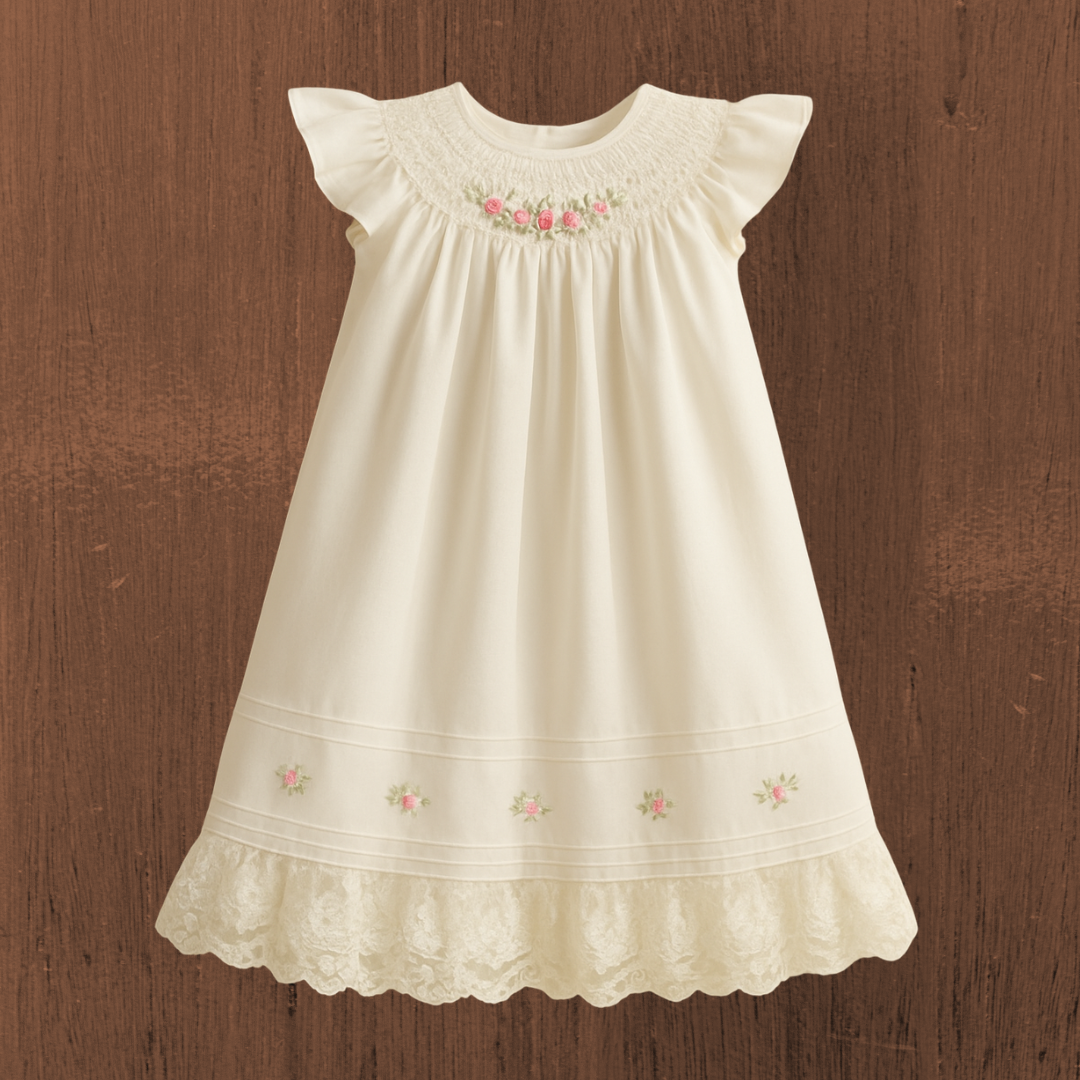 Cream Smocked Christening Dress with Rose Embroidery