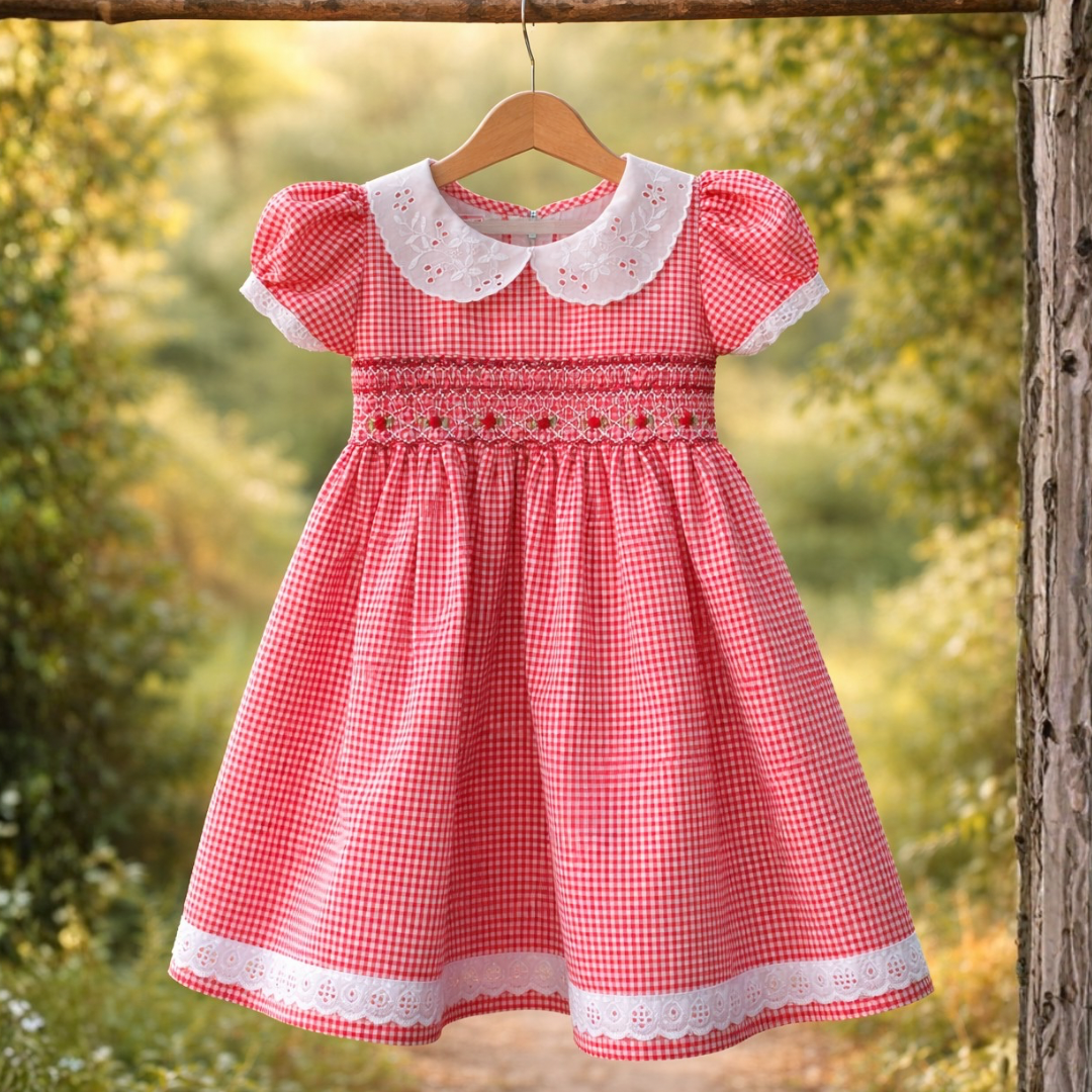 Red Gingham Smocked Dress with Peter Pan Collar