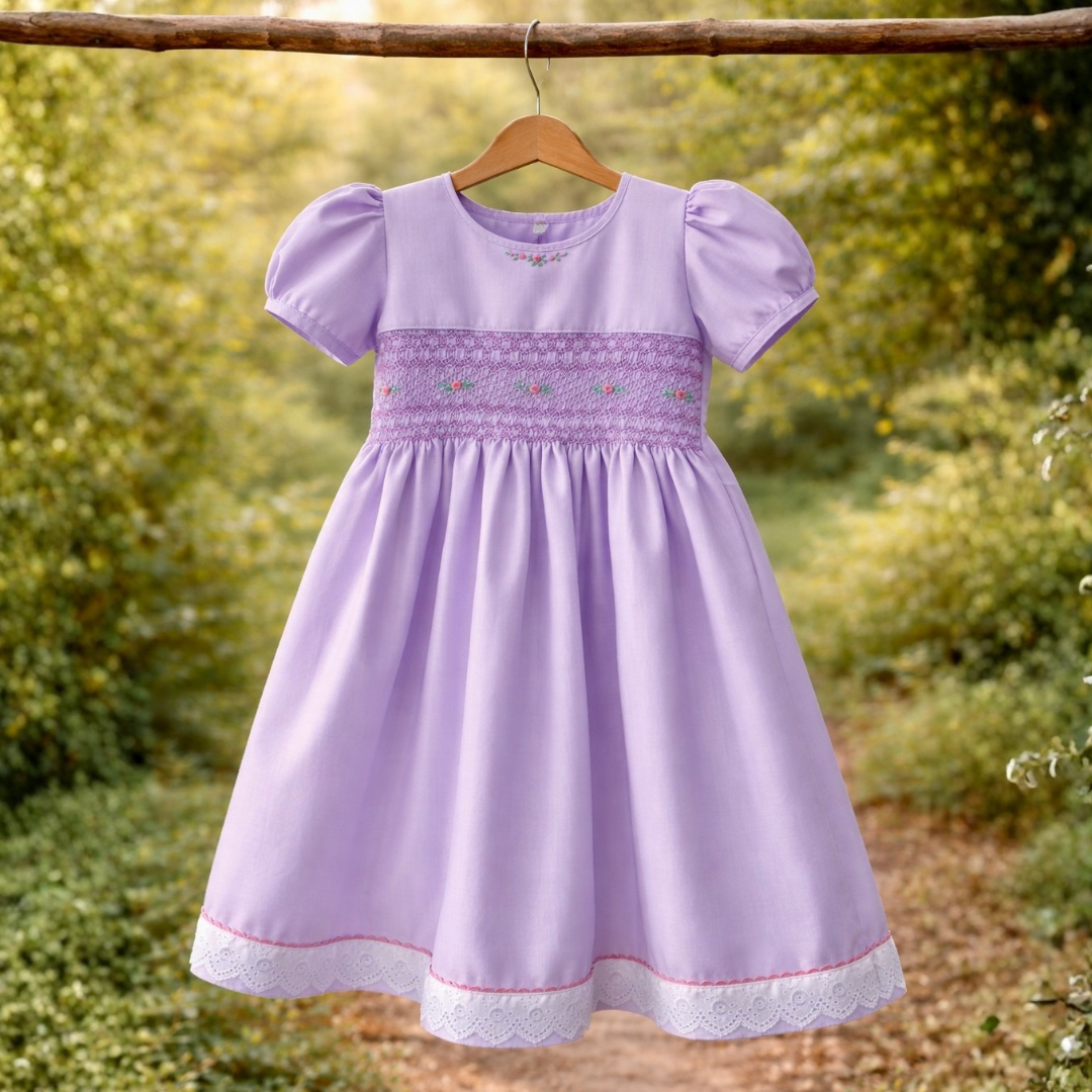 Lavender Smocked Dress with Rosebud Embroidery