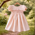 Peach Smocked Dress with Floral Embroidery