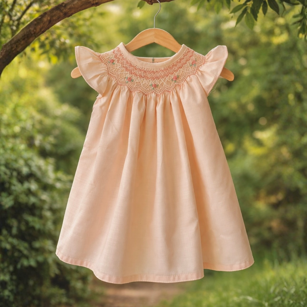 Peach Bishop Smocked Dress with Rosebud Embroidery