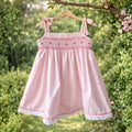 Pink Smocked Sun Dress with Tie Straps and Lace Trim